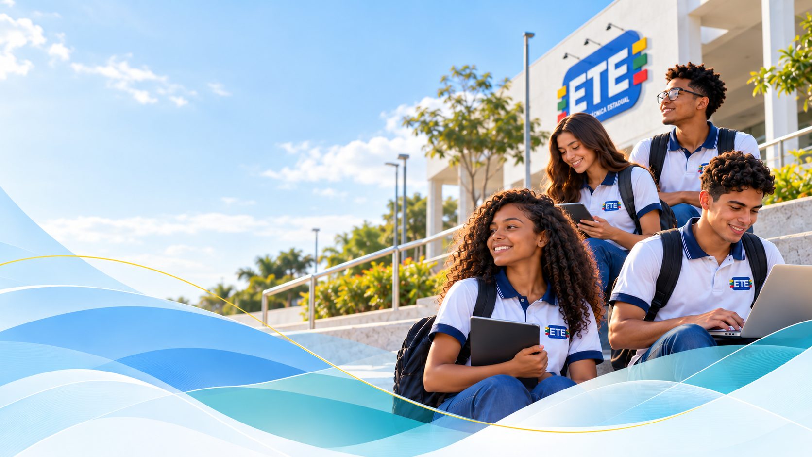 Estudantes das Escolas Técnicas Estaduais de Pernambuco sorrindo com tablets e notebooks em frente a uma ETE, com a orla do Recife ao fundo